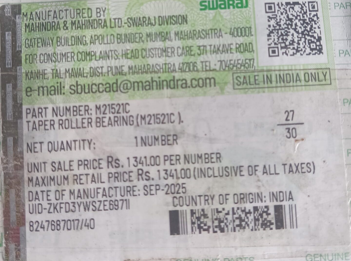 Swaraj rear axle bearing Price.