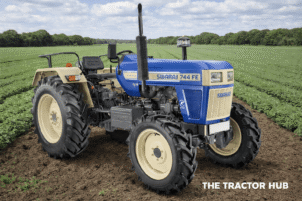 Swaraj 744 FE 4WD tractor, red and grey, 45–50 HP, four-wheel drive, farm field.