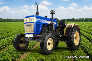 “Swaraj 744 FE tractor in green cultivated field with powerful engine and durable design”