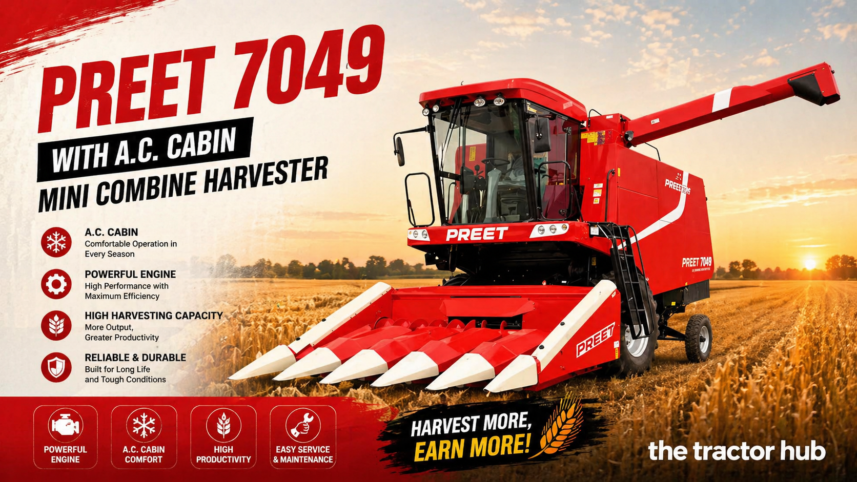 PREET 7049 with A.C. Cabin – Maize Special Combine Harvester