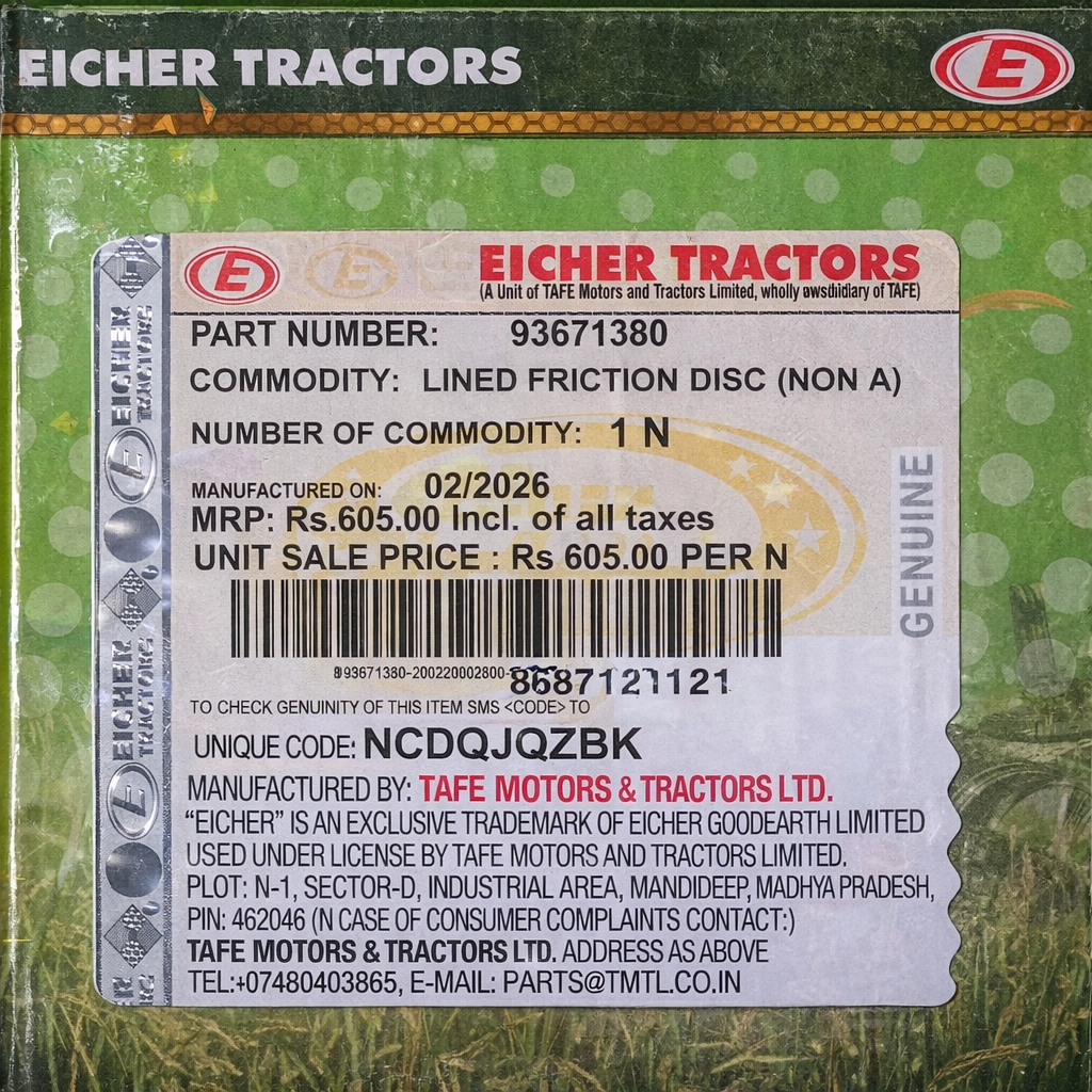 Genuine Eicher tractor brake disc 93671380 with packaging