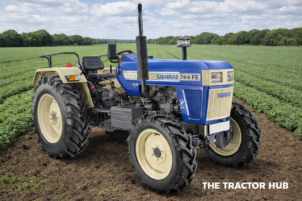 Swaraj 744 FE 4WD tractor, red and grey, 45–50 HP, four-wheel drive, farm field.